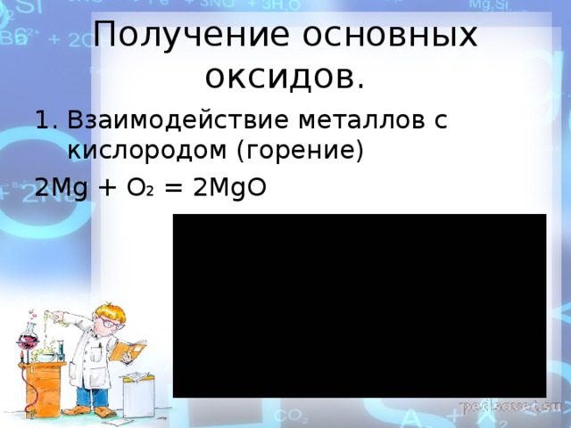Получение основных оксидов. Взаимодействие металлов с кислородом (горение) 2Mg + O 2 = 2MgO 