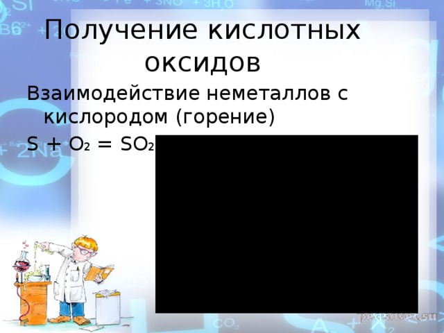 Получение кислотных оксидов Взаимодействие неметаллов с кислородом (горение) S + O 2 = SO 2 