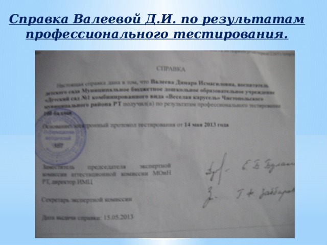 Справка Валеевой Д.И. по результатам профессионального тестирования. 