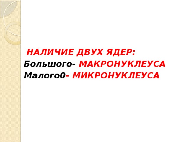  НАЛИЧИЕ ДВУХ ЯДЕР: Большого- МАКРОНУКЛЕУСА Малого0 - МИКРОНУКЛЕУСА 