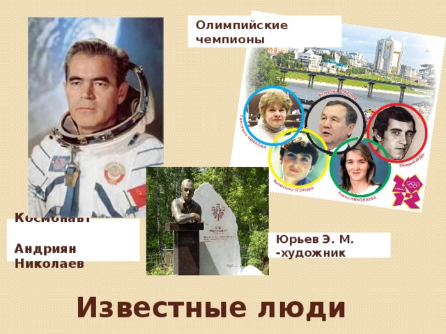 Олимпийские чемпионы Космонавт  Андриян Николаев Юрьев Э. М. -художник Известные люди 