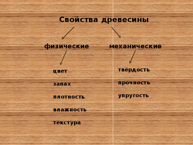Свойства древесины физические механические твёрдость  прочность  упругость цвет  запах  плотность  влажность  текстура 