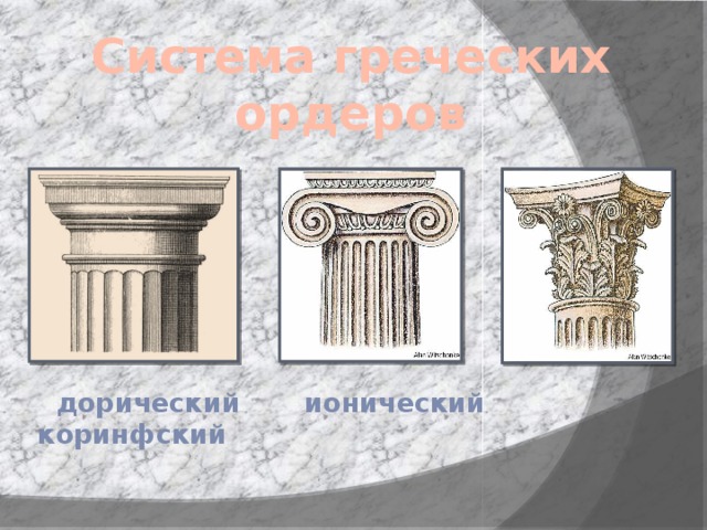 Система греческих ордеров  дорический ионический коринфский 