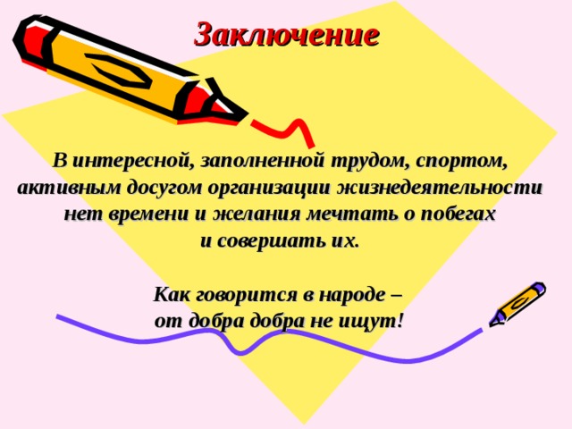 Заключение   В интересной, заполненной трудом, спортом, активным досугом организации жизнедеятельности нет времени и желания мечтать о побегах  и совершать их.  Как говорится в народе – от добра добра не ищут! 