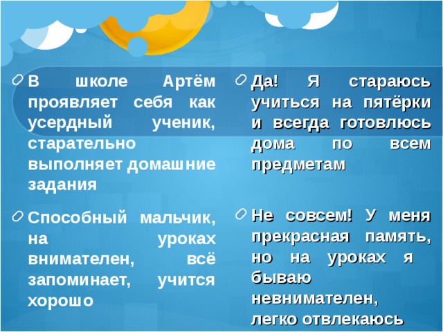 В школе Артём проявляет себя как усердный ученик, старательно выполняет домашние задания   Способный мальчик, на уроках внимателен, всё запоминает, учится хорошо Да! Я стараюсь учиться на пятёрки и всегда готовлюсь дома по всем предметам Не совсем! У меня прекрасная память, но на уроках я бываю невнимателен, легко отвлекаюсь 