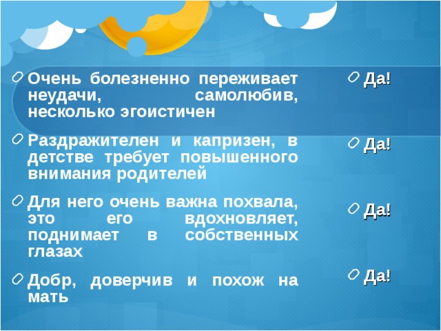 Очень болезненно переживает неудачи, самолюбив, несколько эгоистичен Раздражителен и капризен, в детстве требует повышенного внимания родителей Для него очень важна похвала, это его вдохновляет, поднимает в собственных глазах  Добр, доверчив и похож на мать  Да!  Да!  Да!  Да! 