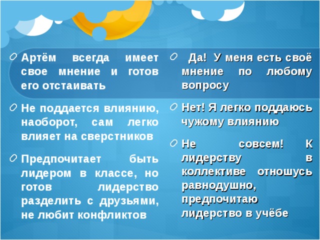 Артём всегда имеет свое мнение и готов его отстаивать Не поддается влиянию, наоборот, сам легко влияет на сверстников Предпочитает быть лидером в классе, но готов лидерство разделить с друзьями, не любит конфликтов   Да! У меня есть своё мнение по любому вопросу Нет! Я легко поддаюсь чужому влиянию Не совсем! К лидерству в коллективе отношусь равнодушно, предпочитаю лидерство в учёбе 