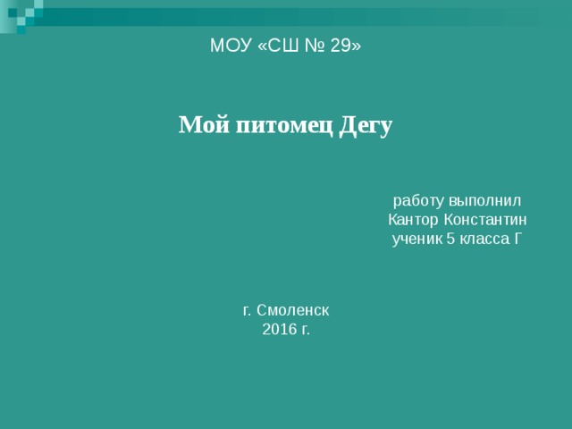 МОУ «СШ № 29»     Мой питомец Дегу           работу выполнил        Кантор Константин        ученик 5 класса Г     г. Смоленск  2016 г. 