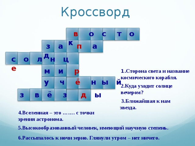 Кроссворд  в о с т о к    з а п а д с о л н ц е м и р 1. Сторона света и название космического корабля. у ч ё н ы й 2.Куда уходит солнце вечером? з в ё з д ы  3.Ближайшая к нам звезда. 4.Вселенная – это ……. с точки зрения астронома. 5.Высокообразованный человек, имеющий научную степень. 6.Рассыпалось к ночи зерно. Глянули утром – нет ничего. 