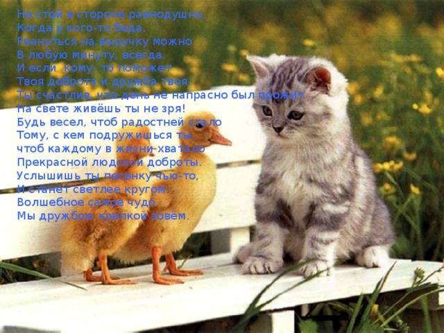 Не стой в стороне равнодушно, Когда у кого-то беда. Рвануться на выручку можно В любую минуту, всегда. И если кому- то поможет Твоя доброта и дружба твоя, Ты счастлив, что день не напрасно был прожит На свете живёшь ты не зря! Будь весел, чтоб радостней стало Тому, с кем подружишься ты, чтоб каждому в жизни хватало Прекрасной людской доброты. Услышишь ты песенку чью-то, И станет светлее кругом: Волшебное самое чудо Мы дружбою крепкой зовём. 