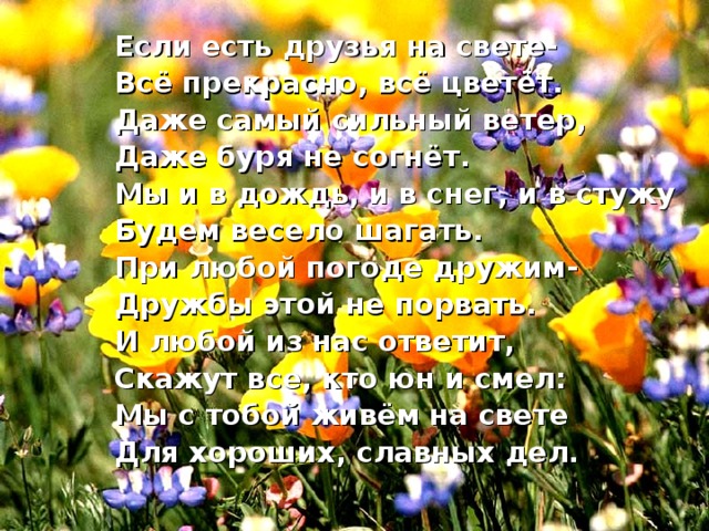  Если есть друзья на свете-  Всё прекрасно, всё цветёт.  Даже самый сильный ветер,  Даже буря не согнёт.  Мы и в дождь, и в снег, и в стужу  Будем весело шагать.  При любой погоде дружим-  Дружбы этой не порвать.  И любой из нас ответит,  Скажут все, кто юн и смел:  Мы с тобой живём на свете  Для хороших, славных дел. 
