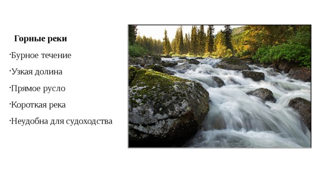  Горные реки Бурное течение Узкая долина Прямое русло Короткая река Неудобна для судоходства 