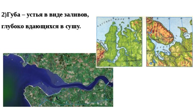 2)Губа – устья в виде заливов, глубоко вдающихся в сушу. 