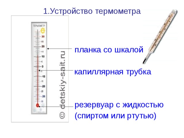 1.Устройство термометра  планка со шкалой ……… капиллярная трубка   резервуар с жидкостью  (спиртом или ртутью) 