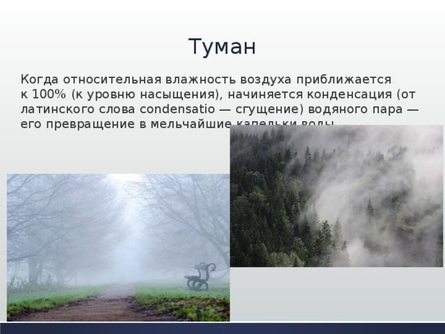 Туман Когда относительная влажность воздуха приближается к 100% (к уровню насыщения), начиняется конденсация (от латинского слова condensatio — сгущение) водяного пара — его превращение в мельчайшие капельки воды.    