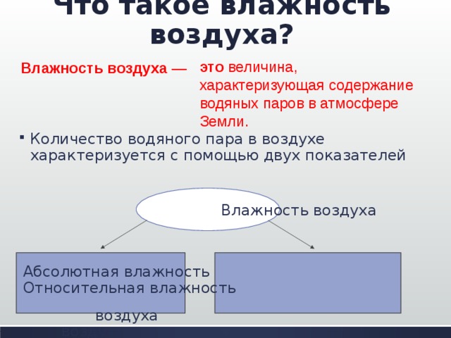 Что такое влажность воздуха? это  величина, характеризующая содержание водяных паров в атмосфере Земли. Влажность   воздуха  —  Количество водяного пара в воздухе характеризуется с помощью двух показателей   Влажность воздуха Абсолютная влажность Относительная влажность  воздуха воздуха 