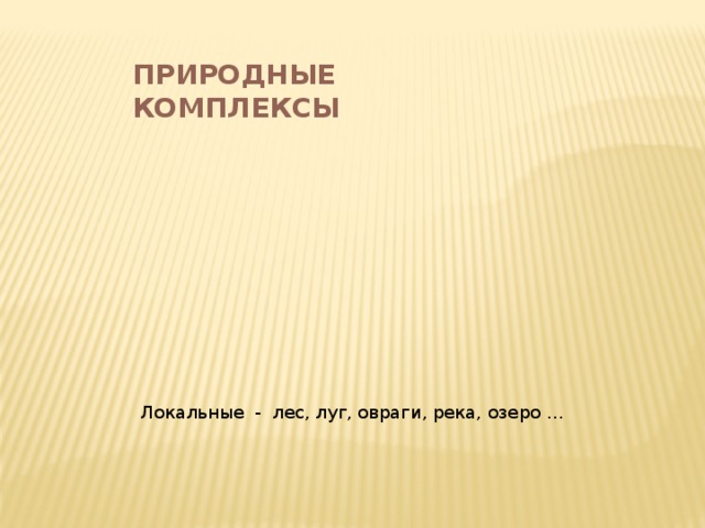 ПРИРОДНЫЕ КОМПЛЕКСЫ Локальные - лес, луг, овраги, река, озеро … 