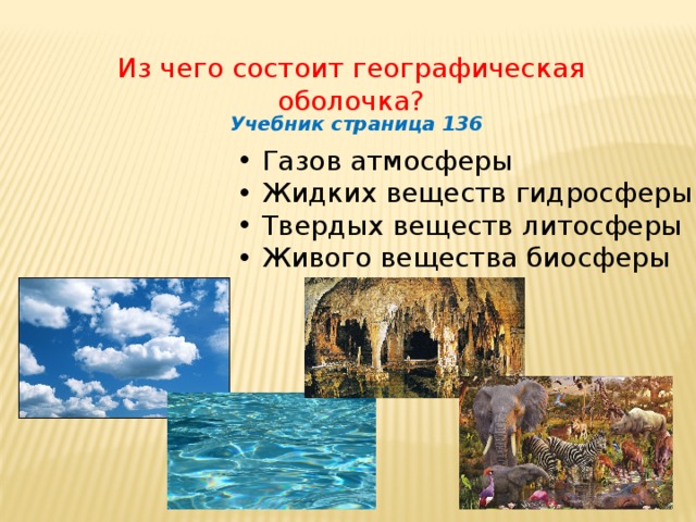 Из чего состоит географическая оболочка? Учебник страница 136 Газов атмосферы Жидких веществ гидросферы Твердых веществ литосферы Живого вещества биосферы 