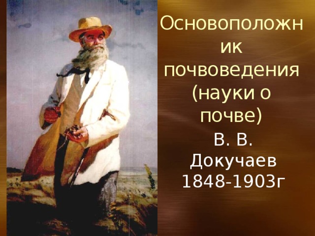 Основоположник почвоведения (науки о почве)   В. В. Докучаев 1848-1903г 