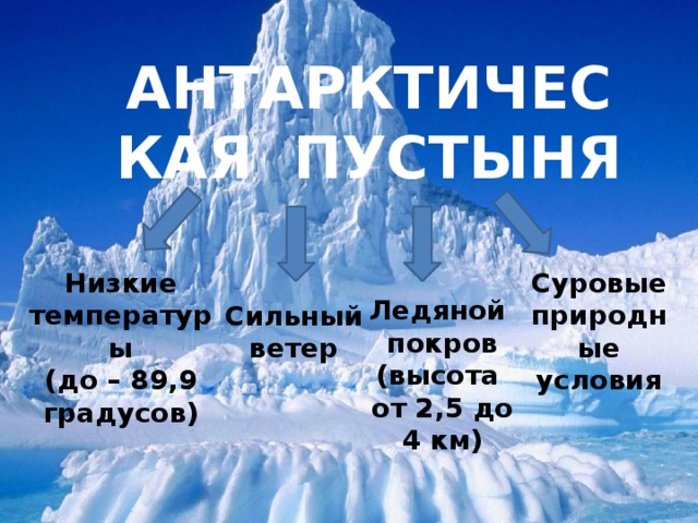 АНТАРКТИЧЕСКАЯ ПУСТЫНЯ Суровые Низкие температуры природные (до – 89,9 градусов) условия Ледяной покров (высота от 2,5 до 4 км) Сильный ветер 