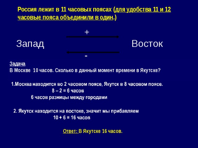 Россия лежит в 11 часовых поясах ( для удобства 11 и 12 часовые пояса объединили в один .)   +  Запад Восток  - Задача В Москве 10 часов. Сколько в данный момент времени в Якутске?  Ответ: В Якутске 16 часов. 
