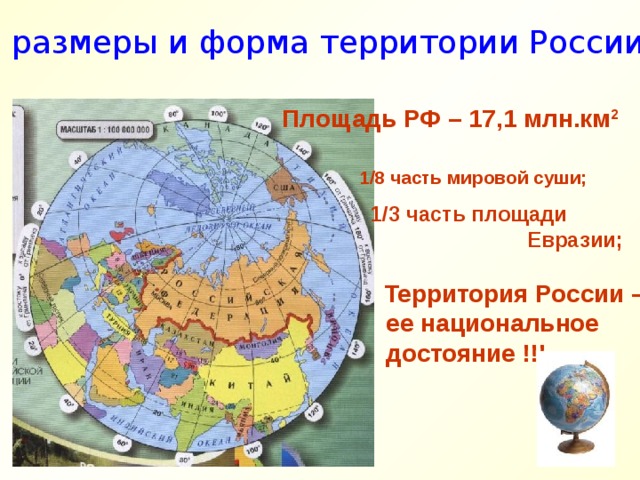 размеры и форма территории России Площадь РФ – 17,1 млн.км 2   1/8 часть мировой суши;  1/3 часть площади  Евразии;   Территория России –  ее национальное  достояние !!! 