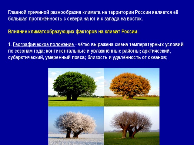Главной причиной разнообразия климата на территории России является её большая протяжённость с севера на юг и с запада на восток.  Влияние климатообразующих факторов на климат России:  1. Географическое положение - чётко выражена смена температурных условий по сезонам года; континентальные и увлажнённые районы; арктический, субарктический, умеренный пояса; близость и удалённость от океанов; 
