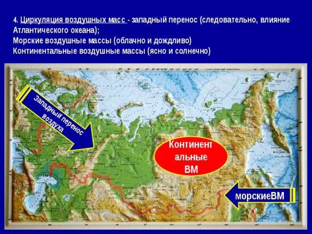 Западный перенос воздуха 4 . Циркуляция воздушных масс - западный перенос (следовательно, влияние Атлантического океана); Морские воздушные массы (облачно и дождливо) Континентальные воздушные массы (ясно и солнечно) Континентальные ВМ морскиеВМ 