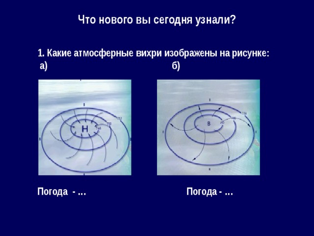Что нового вы сегодня узнали? 1. Какие атмосферные вихри изображены на рисунке:  а) б)          Погода - … Погода - …  