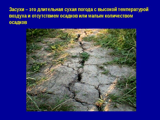 Засухи – это длительная сухая погода с высокой температурой воздуха и отсутствием осадков или малым количеством осадков 