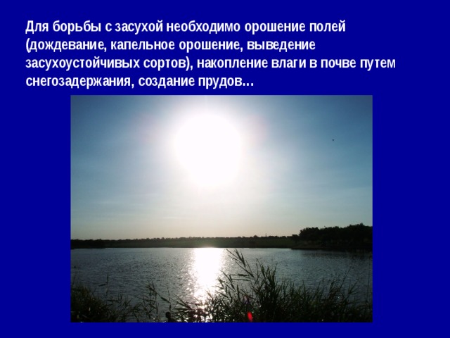 Для борьбы с засухой необходимо орошение полей (дождевание, капельное орошение, выведение засухоустойчивых сортов), накопление влаги в почве путем снегозадержания, создание прудов…   