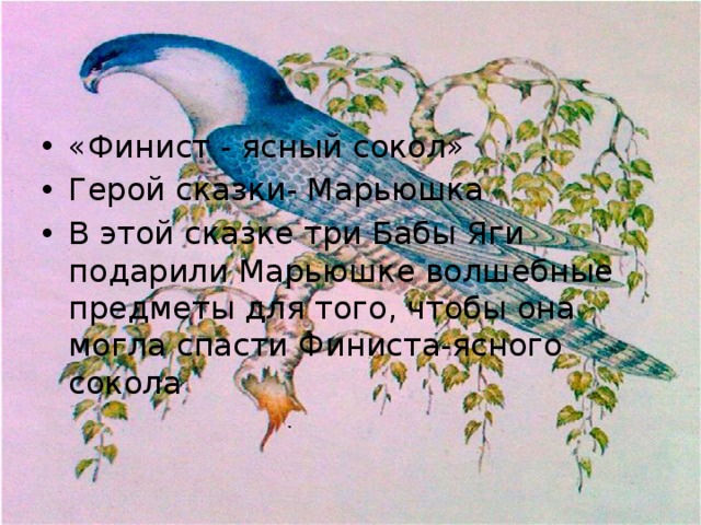 «Финист - ясный сокол» Герой сказки- Марьюшка В этой сказке три Бабы Яги подарили Марьюшке волшебные предметы для того, чтобы она могла спасти Финиста-ясного сокола 