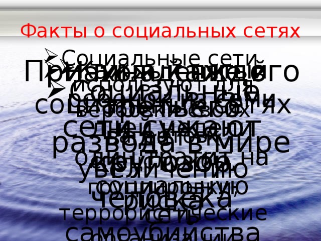 Факты о социальных сетях Социальные сети используют для вербовки своих агентов спецслужбы, группировки, террористические организации Причина каждого третьего развода в мире Нахождение в социальных сетях ведет к увеличению риска самоубийства Каждый пятый ребенок из семи дней недели один тратит на социальную сеть Социальные сети сужают кругозор человека 