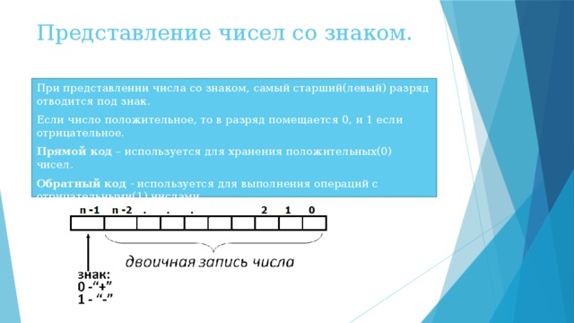 Представление чисел со знаком. При представлении числа со знаком, самый старший(левый) разряд отводится под знак. Если число положительное, то в разряд помещается 0, и 1 если отрицательное. Прямой код – используется для хранения положительных(0) чисел. Обратный код - используется для выполнения операций с отрицательными(1) числами. 