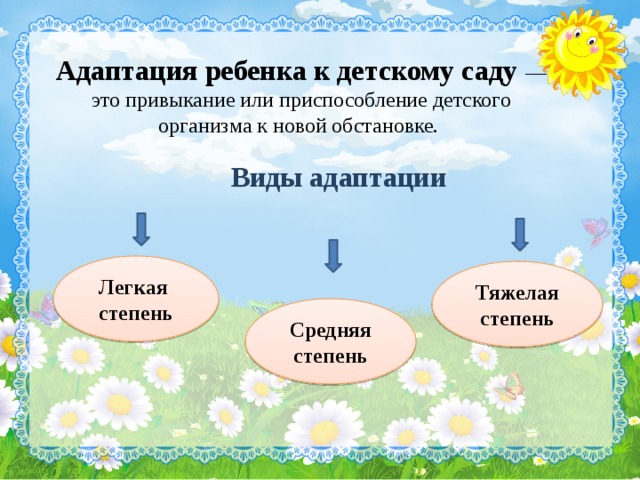 Адаптация ребенка к детскому саду   — это привыкание или приспособление детского организма к новой обстановке. Виды адаптации Легкая степень Тяжелая степень Средняя степень 