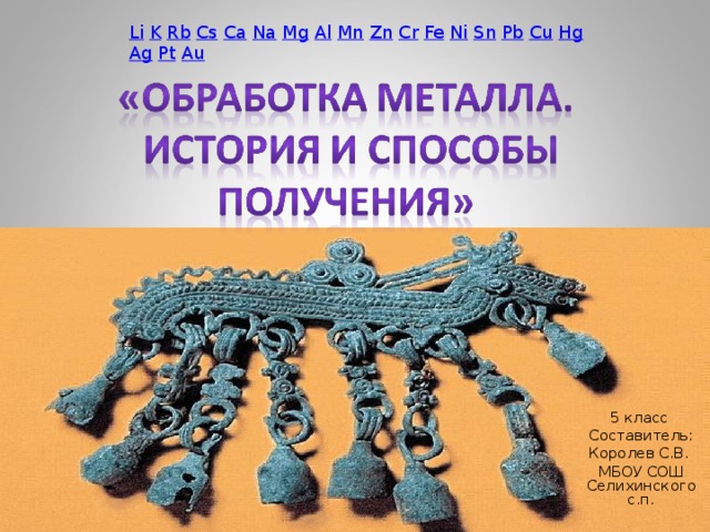 Li  K  Rb  Cs  Ca  Na  Mg  Al  Mn  Zn  Cr  Fe  Ni  Sn  Pb  Cu  Hg  Ag  Pt  Au  5 класс Составитель: Королев С.В. МБОУ СОШ Селихинского с.п. 