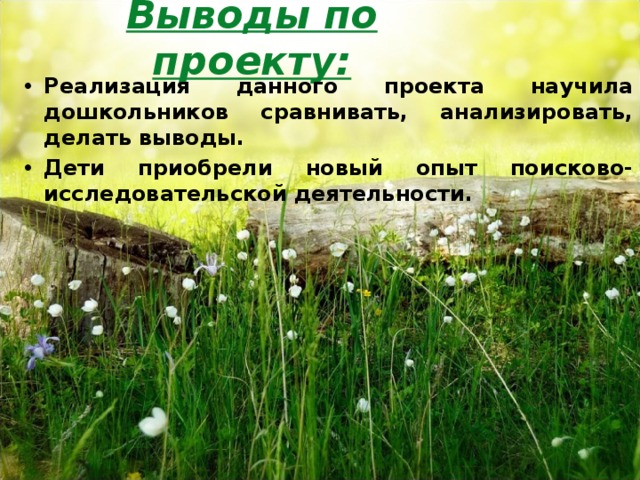 Выводы по проекту:   Реализация данного проекта научила дошкольников сравнивать, анализировать, делать выводы. Дети приобрели новый опыт поисково-исследовательской деятельности.  