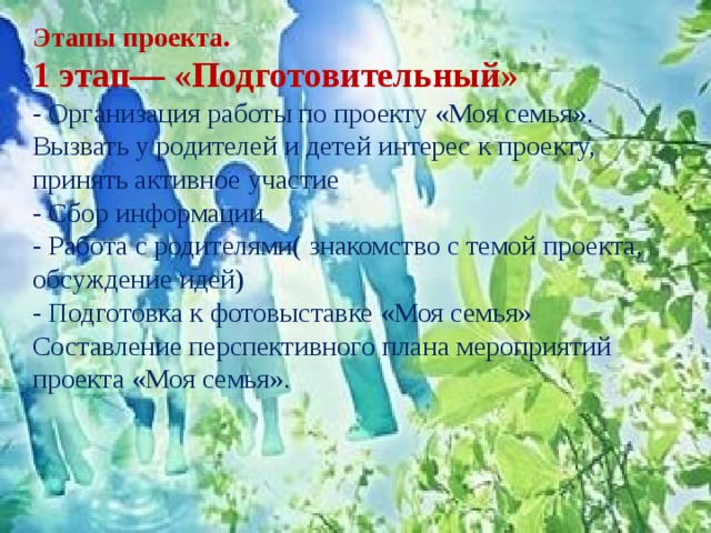 Этапы проекта.  1 этап— «Подготовительный»  - Организация работы по проекту «Моя семья». Вызвать у родителей и детей интерес к проекту, принять активное участие - Сбор информации  - Работа с родителями( знакомство с темой проекта, обсуждение идей)  - Подготовка к фотовыставке «Моя семья»  Составление перспективного плана мероприятий проекта «Моя семья».   