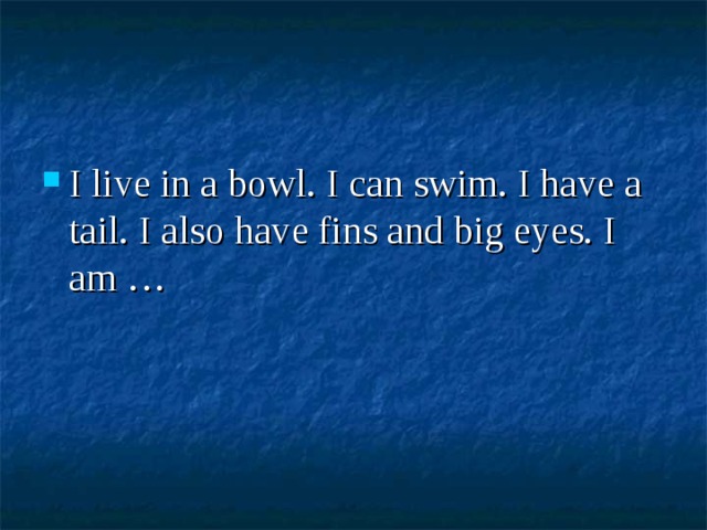 I live in a bowl. I can swim. I have a tail. I also have fins and big eyes. I am … 
