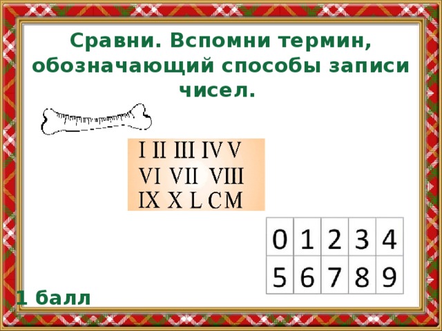 Сравни. Вспомни термин, обозначающий способы записи чисел. 1 балл 