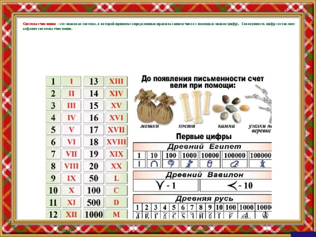 Система счисления –  это знаковая система, в которой приняты определенные правила записи чисел с помощью знаков(цифр). Совокупность цифр составляет алфавит системы счисления.      