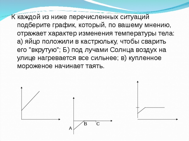 К каждой из ниже  перечисленных ситуаций подберите график, который, по вашему мнению, отражает характер изменения температуры тела: а) яйцо положили в кастрюльку, чтобы сварить его 
