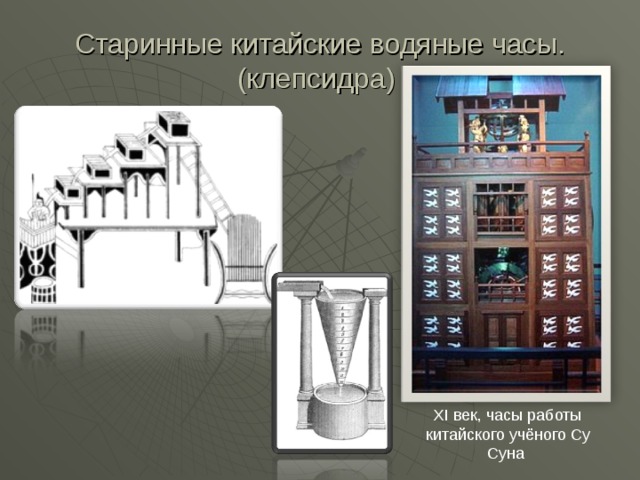 Старинные китайские водяные часы.  (клепсидра) XI век, часы работы китайского учёного Су Суна 