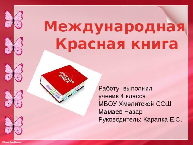  Международная Красная книга Работу выполнил ученик 4 класса МБОУ Хмелитской СОШ Мамаев Назар Руководитель: Карапка Е.С. 