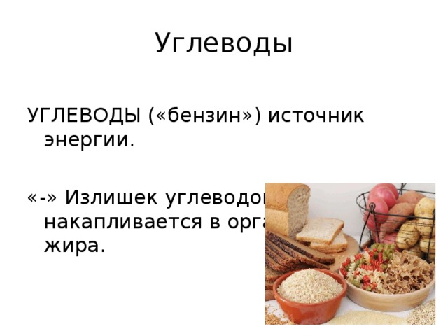 Углеводы УГЛЕВОДЫ («бензин») источник энергии. «-» Излишек углеводов накапливается в организме в виде жира. 