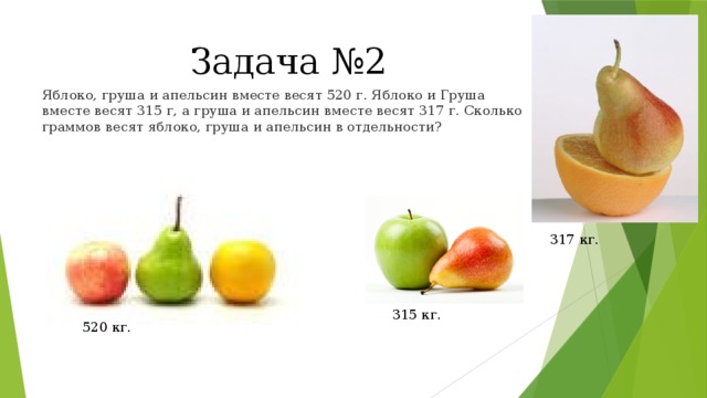 Задача №2 Яблоко, груша и апельсин вместе весят 520 г. Яблоко и Груша вместе весят 315 г, а груша и апельсин вместе весят 317 г. Сколько граммов весят яблоко, груша и апельсин в отдельности? 317 кг. 315 кг. 520 кг. 