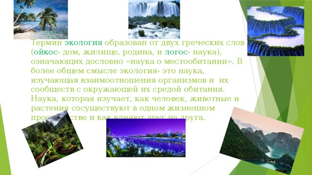 Термин экология образован от двух греческих слов ( ойкос - дом, жилище, родина, и логос - наука), означающих дословно «наука о местообитании». В более общем смысле экология- это наука, изучающая взаимоотношения организмов и их сообществ с окружающей их средой обитания. Наука, которая изучает, как человек, животные и растения сосуществуют в одном жизненном пространстве и как влияют друг на друга. 