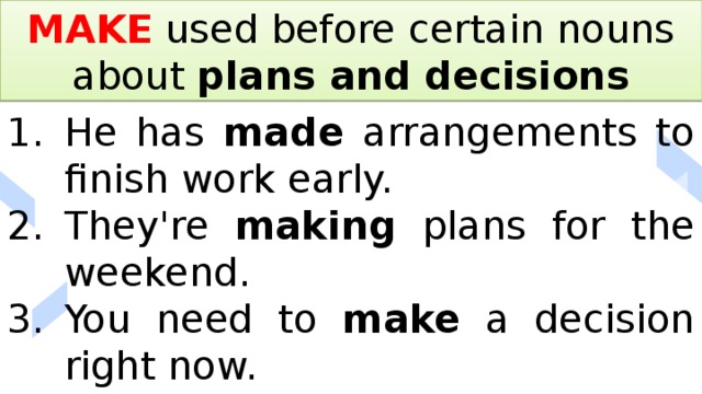 MAKE used before certain nouns about plans and decisions He has made arrangements to finish work early. They're making plans for the weekend. You need to make a decision right now. 