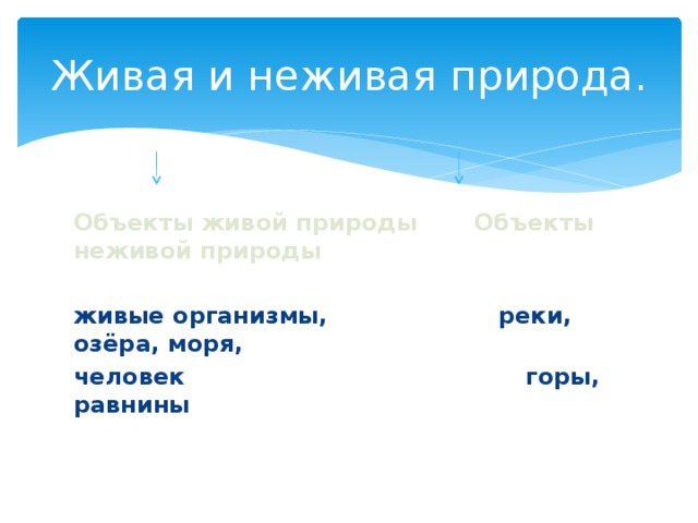 Живая и неживая природа. Объекты живой природы Объекты неживой природы  живые организмы, реки, озёра, моря, человек горы, равнины  
