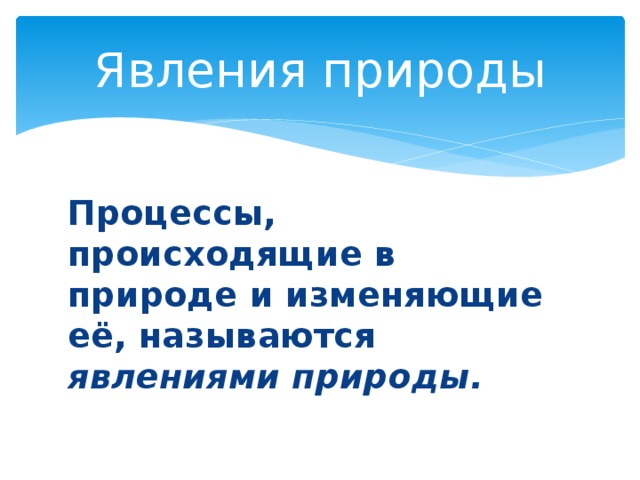 Явления природы Процессы, происходящие в природе и изменяющие её, называются явлениями природы. 